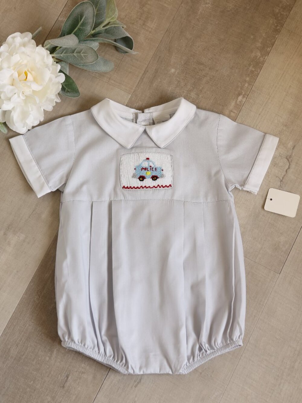 Smocked Heirloom Romper Creeper Silver Gray 100% Cotton Police Car 3M NWT